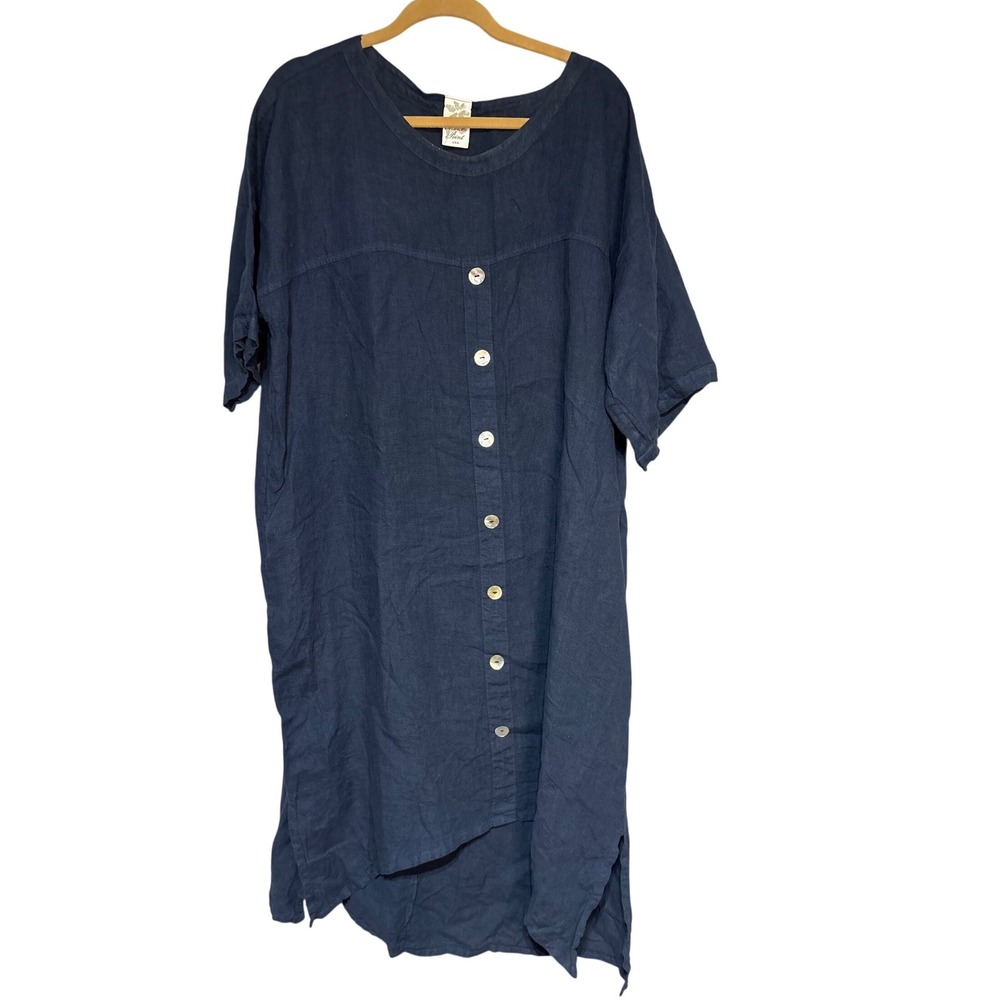 Match Point Linen Dress Womens L HLD374 Navy Blue Button Down Lagenlook